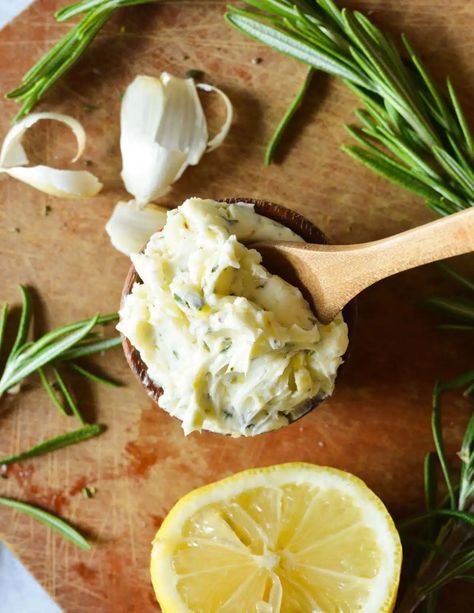 Rosemary Garlic Butter - caramel and cashews Rosemary Infused Butter, Garlic Scapes Butter, Garlic And Shallot Butter, Herb Noodles Garlic Butter, Garlic Herb Butter For Bread, Rosemary Garlic Butter, Rosemary Butter, Butter Caramel, Rosemary Garlic