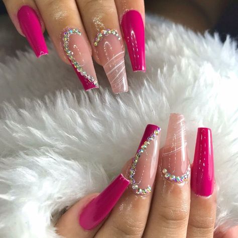 Pink Nails With Diamonds, Hot Pink Nail Ideas, Hot Pink Nail, Pink Nail Ideas, Diamond Nail Designs, Bright Pink Nails, Neon Pink Nails, Purple Acrylic Nails, Pink Ombre Nails