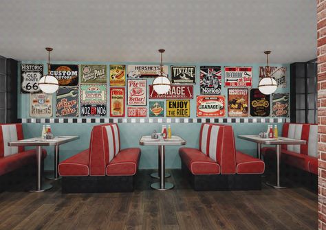 Modern Retro Restaurant Design, American Diner Interior, American Diner Aesthetic, Diner Wall Decor, 1950 American Diner, 60s Diner, American Diner Kitchen, 50s Diner Kitchen, Modern Diner