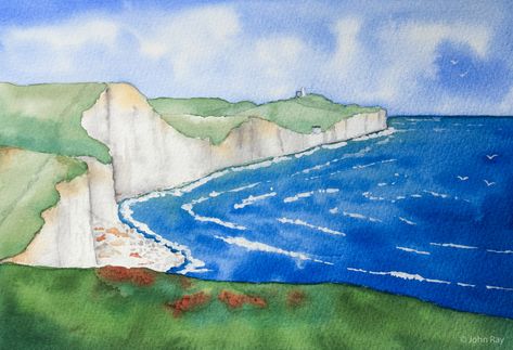 East Watercolour Painting, Cliffs Drawing, Watercolour Lighthouse, Seven Sisters Cliffs, Lighthouse Paintings, The Seven Sisters, Lighthouse Painting, Seven Sisters, East Sussex