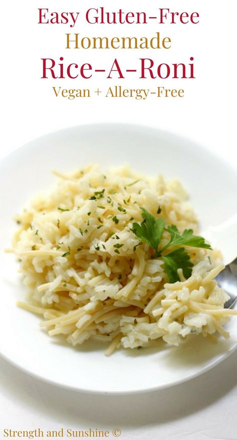 Easy Gluten-Free Homemade Rice-A-Roni Copycat (Vegan, Allergy-Free) | Strength and Sunshine @RebeccaGF666 No need to buy the box anymore! This super quick and easy Gluten-Free Homemade Rice-A-Roni copycat recipe is a no-fail, vegan, allergy-free side dish the entire family will love! Just 7 ingredients (including seasoning), one-pot, and 15 minutes! #ricearoni #glutenfree #sidedish #vegan #allergyfree #homemadericearoni #strengthandsunshine Gf Rice Dishes, Gluten Free Rice A Roni, Dairy Free Rice Recipes, Gluten Free Rice Pilaf, Gluten Free Rice Dishes, Gluten Free Rice Recipes, Homemade Rice A Roni, Long Grain White Rice, Rice A Roni