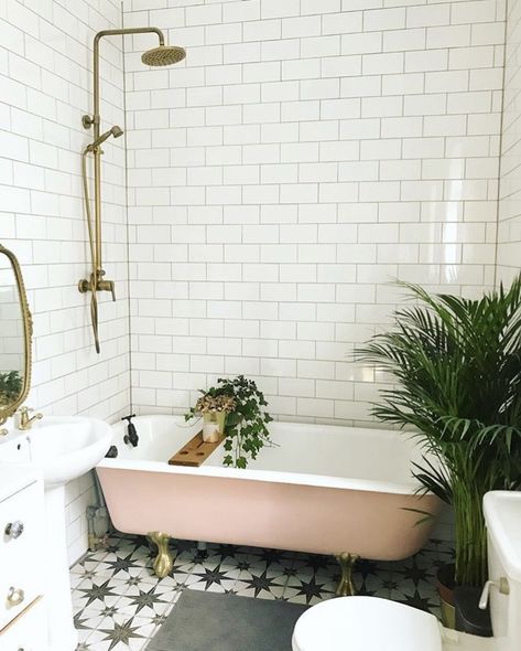 Pink period bath with white metro tiles and metropolis star floor. Period Bath, Metro Tiles Bathroom, White Metro Tiles, Future Bathroom, Star Tile, Tropical Bathroom, Outdoor Showers, Metro Tiles, Victorian Bathroom