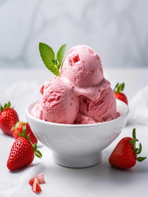 homemade no-churn strawberry ice cream! This easy and creamy treat is perfect for satisfying your sweet tooth on a hot day or any time you crave a refreshing dessert. Ice Cream With Condensed Milk, No Churn Strawberry Ice Cream, Ice Cream Strawberry, Strawberry Cheesecake Ice Cream, Homemade Strawberry Ice Cream, Ice Cream Photography, Dessert Places, Ice Cream Set, Ice Cream Mixture