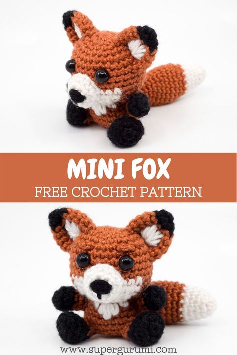 How To Crochet A Fox Free Pattern, Crochet Mini Woodland Animals, Mini Fox Amigurumi Free Pattern, Woodland Animal Amigurumi Free Pattern, Tiny Fox Crochet Pattern Free, Amigurumi Small Animals, Mini Crocheted Animals, Free Amigurumi Fox Pattern, Mini Wolf Crochet Pattern Free