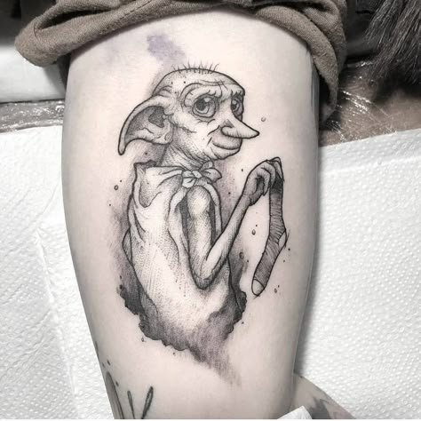 Dobby Tattoo, Elf Tattoo, Harry Potter Tattoo Sleeve, Dobby Harry, Harry Tattoos, Hp Tattoo, Dobby Harry Potter, Harry Potter Tattoos, Harry Potter Tattoo