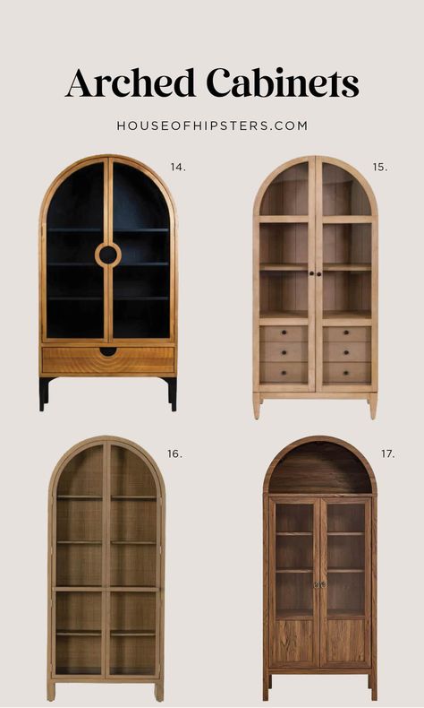 Beautifully designed arched cabinets with glass doors and spacious storage for the living room. Shop the round up. Arch Cabinets, Crockery Shelf, Arched Cabinets, Vintage House Interior, Crockery Cabinet Design, Cozy Neutral Living Room, Arched Cabinet, Hipster Home Decor, Crockery Cabinet