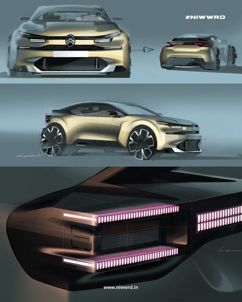 @citroen C4 official design sketches. - Largely inspired by the 2022 OLI concept, the front end incorporates the brand’s new logo, which sits proudly at the centre of a redesigned radiator grille, giving the car a more assertive presence on the road. The bonnet, meanwhile, retains its original lines while adapting to highlight the chevrons, which are finished in Silver Chrome paint, adding a touch of elegance and refinement. - #niwwrd #citroen #citroenc4 #cardesign #cardesigncommunity #cargra... Compact Car Design, Car Grill, Car Design Sketch, Concept Car Design, Citroen C3, Silver Chrome, Devices Design, Compact Cars, Citroën C4