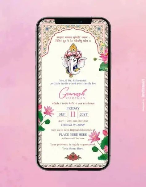 Custom Ganesh Chaturthi Invitation Card Ganesh Wedding Invitation, Ganesh Chaturthi Invitation Card, Ganpati Invitation Card, Diy Invitation Card, Diy Invitation, Unique Invitations, Ganesh Chaturthi, Invitation Card Design, Invitation Card