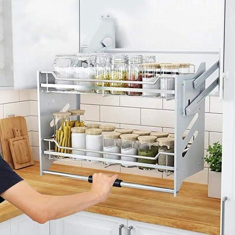 Amazon.com: Whifea Pull-Down Dish Rack System, Kitchen Shelf 2 Tier Upper Cabinet Organizer (For Cabinet Width ≥36''): Kitchen & Dining Pull Down Spice Rack, Pull Out Kitchen Storage, Pull Down Shelf, Organiser Cucina, Upper Cabinet, Upper Kitchen Cabinets, Desain Pantry, Cabinet Organizer, Dish Rack