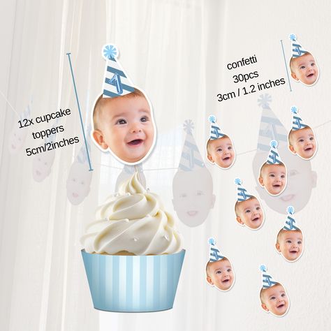 Cheer up your little one's first birthday celebration with this custom baby face banner, cupcake toppers, and confetti! HOW DO I ORDER?1. Add your hat option and photos, then proceed through checkout.2.Please allow us time to edit and send you an image for you to approve. We work really fast (max. 12 hours) but maybe due to a different time zone it can take a few more hours.5. After approval of the image, we normally ship 1-2 days later.6. We offer customization, if you have a crazy new idea, let me know and we can make it happen! our email is stickymomshop@gmail.com