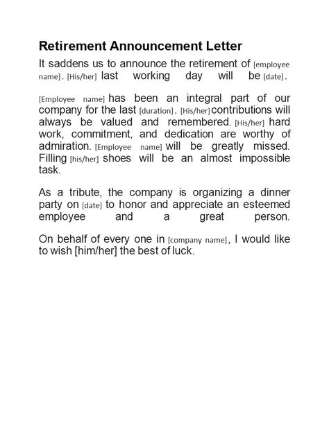 Make the retirement announcement special with our customizable Retirement Announcement Template. Personalize it with the employee's name and let everyone know about their well-deserved retirement. Download the Retirement Announcement Template in DOCX format today. Retirement Announcement, Retirement Celebration, Financial Instrument, Mixed Emotions, Business Templates, Everyone Knows, Business Template, New Chapter, Positive Attitude