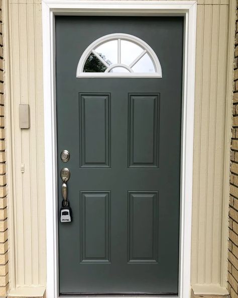 Sherwin Williams Pewter Green SW 6208 front door Green Front Door With Black Shutters, Pewter Green Sherwin Williams Front Door, Sw Front Door Paint Colors, Dark Green Front Door Colors, Green Front Door Colors Sherwin Williams, Pewter Green Front Door, Grey House Green Door, Pewter Green Paint, Dark Green Front Door