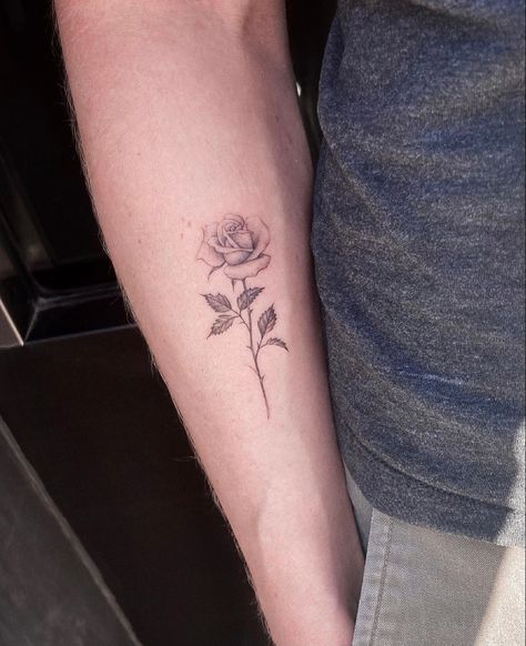 Single Rose Forearm Tattoo, Rose Outer Forearm Tattoo, Rose Tattoo On Inner Arm, Medium Rose Tattoo, Rose Bicep Tattoos For Women, Rose Tattoo Calf, Fourteen Tattoo, Rose Arm Tattoos For Women, Rose Tattoo Inner Arm