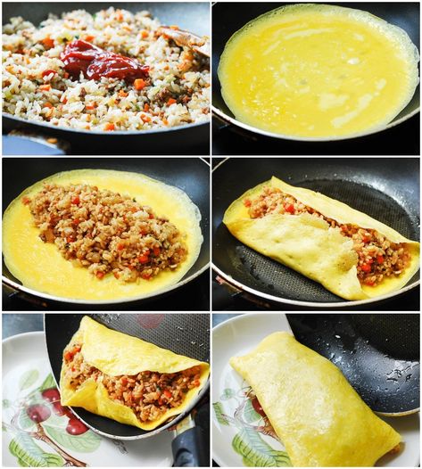 Omelette Rice Recipe, Asian Fried Rice, Rice Omelette, Rice Korean, Western Omelette, Korean Bapsang, Omelette Rice, Japenese Food, Egg Omelette