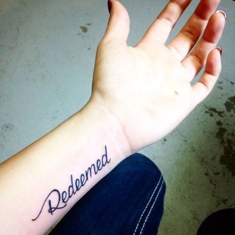 Redeemed Tattoos For Women, Written Tattoos For Women, Rachel Tattoo, Clean Tattoos, Redeemed Tattoo, Written Tattoos, Running Tattoos, Buck Tattoo, Wrist Strength