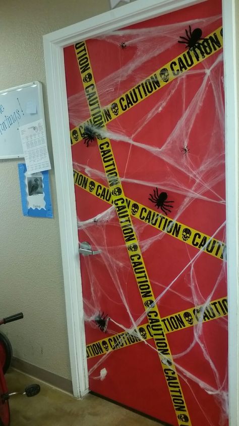 Halloween College Decorations, College Dorm Door Halloween Decorations, Adams Family Office Decorations, Halloween Class Decoration Ideas, Easy Halloween Classroom Door Ideas, Clinic Halloween Decor, Halloween Decorated Bathroom, Office Door Decorations Halloween, Diy Halloween Decorations For Party