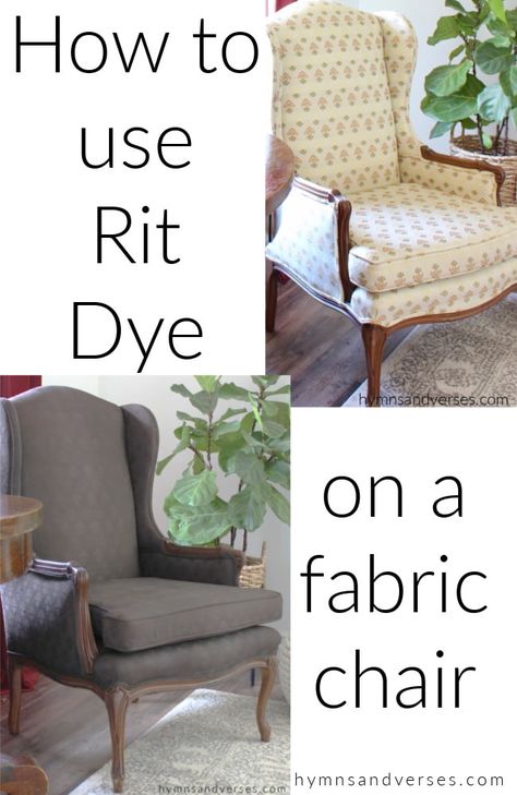 How to Change the Color of a Fabric Chair | Hymns and Verses Painted Chairs Diy, Hallway Transformation, Painting Upholstered Furniture, Painting Fabric Chairs, Upholstered Chairs Diy, Painting Fabric Furniture, Diy Furniture Upholstery, Paint Upholstery, Rit Dye