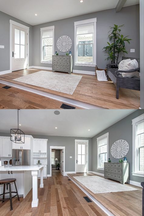 Living Rooms With Light Wood Floors, Grey Walls White Fireplace, White Walls And Grey Trim, Grey Interior Walls White Trim, White Ceilings With Gray Walls, White And Gray Decor, Gray Wall White Trim, Grey Walls And Brown Floors, Grey Great Room Ideas