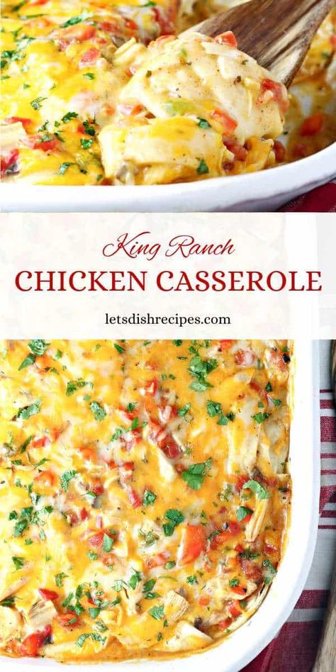 King Ranch Chicken Casserole | Let's Dish Recipes Pioneer Woman King Ranch Chicken Casserole, King Ranch Chicken Casserole With Chips, Chicken Salsa Casserole, Church Lady Chicken Casserole, Texas King Ranch Chicken Casserole, King Ranch Chicken Casserole Doritos, Kings Ranch Chicken Casserole, Rotel Chicken Casserole, Make Ahead Chicken Recipes