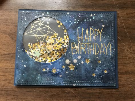 Birthday card. Shaker card. Galaxy. Space Themed Card Ideas, Galaxy Cards Ideas, Star Birthday Cards, Space Themed Birthday Card, Space Cards Ideas, Galaxy Birthday Party Ideas, Moon Birthday Card, Galaxy Scrapbook, Astronaut Card