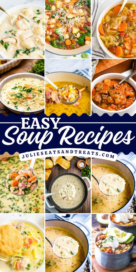 It’s winter and you need to warm up with a big bowl of soup for lunch and dinner! These soup recipes are easy, delicious and hearty. You’ll find over 40 easy soup recipes that the entire family will love. Easy To Swallow Soups, Simple Soups Recipes, Soup Recipes Easy Quick, Easy Soup For A Crowd, Easy Hearty Soup Recipes, Filling Soup Recipes, Granny's Recipes, Texas Cuisine, Homemade Soup Recipes