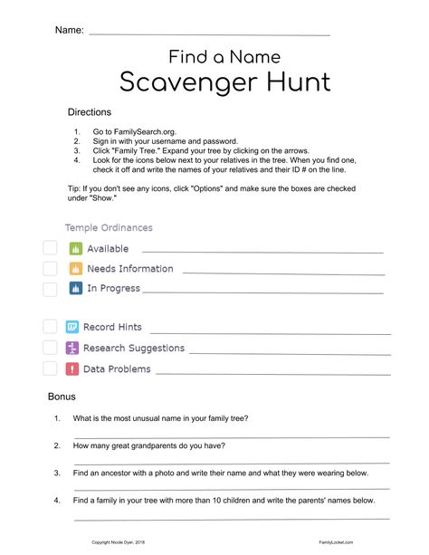 Children can help their families find names for the temple and learn how to navigate the FamilySearch Family Tree at the same time! Here is a worksheet for children to use as they search for icons … Family History Scavenger Hunt, History Projects Ideas, Family History Activity, Temple And Family History, Family History Activities, Conference Activities, Family History Ideas, History Games, Family History Projects