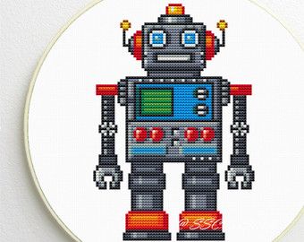 Robot Picture, Counted Cross Stitch Patterns Free, Cute Robot, Cross Stitch Quotes, Pattern Pictures, Pixel Pattern, Stitch 2, Counted Cross Stitch Kits, Dmc Floss