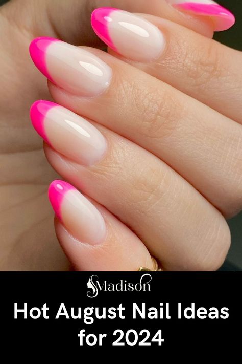 august nails 2024 #AugustNails2024 #SummerNailTrends #ChicManicure #NailArtIdeas #TrendyNails #2024NailDesigns #NailInspo #StylishNails #SummerBeauty #NailGoals Neon Pink Nails Almond Shape, Bright Pink French Tip Nails Almond, Hot Pink And Orange Nails French Tip, Almond Nails Hot Pink French Tip, Fushia French Tips, French Tip Gel Nails Short Almond, Fuchsia French Tip Nails, Dark Pink Nails Almond, French Tip Hot Pink Nails