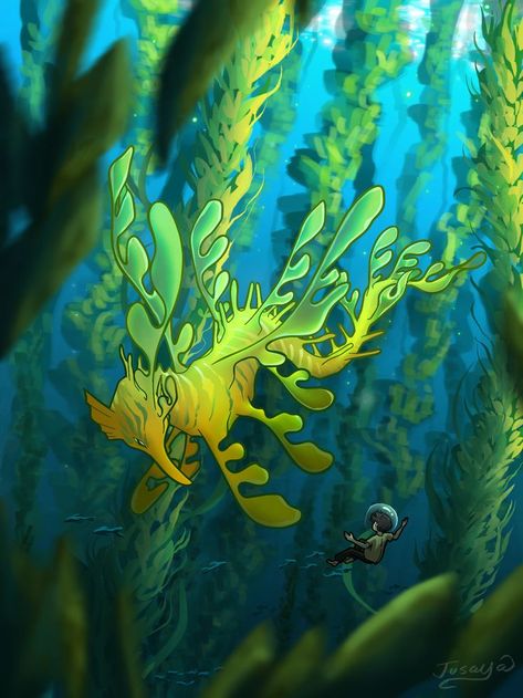 Inside the kelp forest,there lived a leafy water dragon #illustratio #digitalart Mew And Mewtwo, Kelp Forest, Water Dragon, Cute Fantasy Creatures, Demon King Anime, Creature Feature, Creature Concept Art, Cool Anime Pictures, Creature Concept