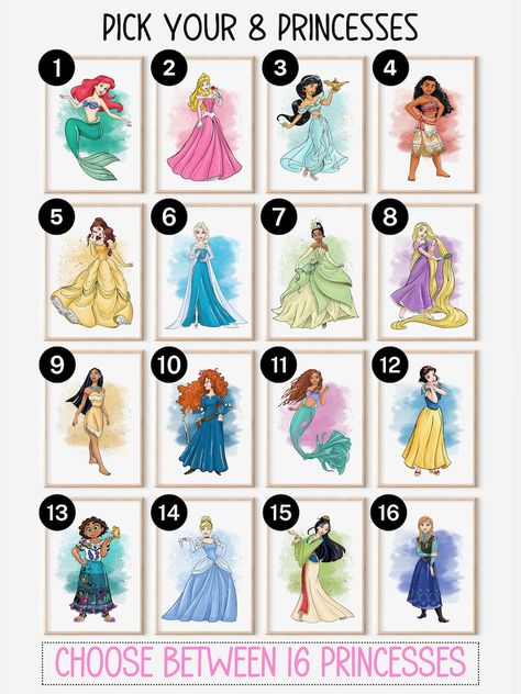 Custom Set of 8 Princess Inspired Wall Art, Your Choice of 8 Princesses, Nursery Prints, Girls Room Decor, Instant Download - Etsy Princess Theme Bedroom Ideas Daughters, Girls Disney Princess Bedroom, Pastel Disney Princess Room, Disney Princess Playroom, Free Princess Printables Wall Art, Princess Theme Bedroom, Disney Princess Nursery Artwork, Art Worksheets, Princess Theme