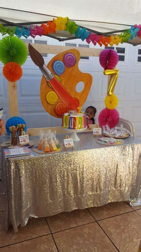 Art And Craft Theme Birthday Party, Artist Party Decorations, Art Themed Birthday Party Ideas Cake, Art Birthday Decorations, Paint Party Decorations For Kids, Kid Paint Party Ideas, Canvas Painting Birthday Party, Kids Paint Birthday Party, Art Party Decorations Ideas