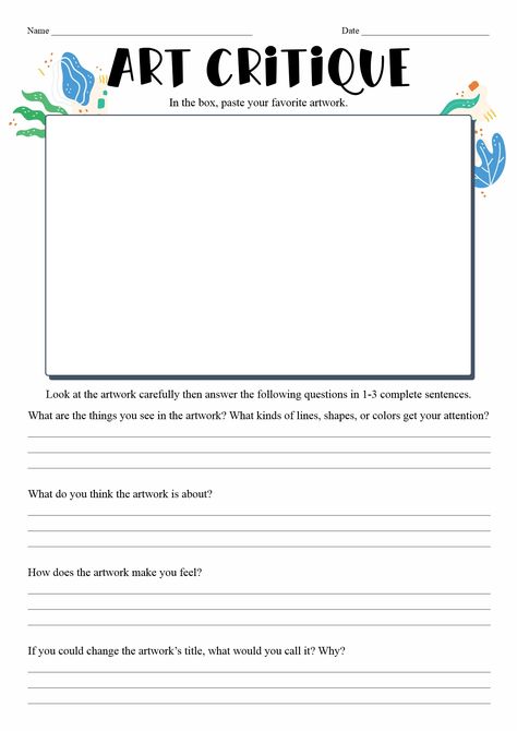 Elementary Art Critique Worksheet Art Critique For Elementary, Art Reflection Worksheet, How To Critique Art, Art Critique Worksheet, Art Worksheets Middle School, High School Art Worksheets, Art Worksheets Printables, Art Documentation, Art Analysis