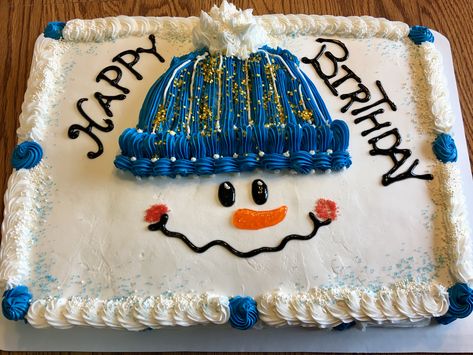 Snowman Sheet Cake January Birthday Cake Ideas, Christmas Sheet Cake Decorating Ideas, Christmas Sheet Cake Ideas, Winter Sheet Cake Designs, Winter Themed Sheet Cake, Christmas Birthday Sheet Cake, Winter Sheet Cake, Easy Sheet Cake Decorating Ideas, Christmas Sheet Cake Designs