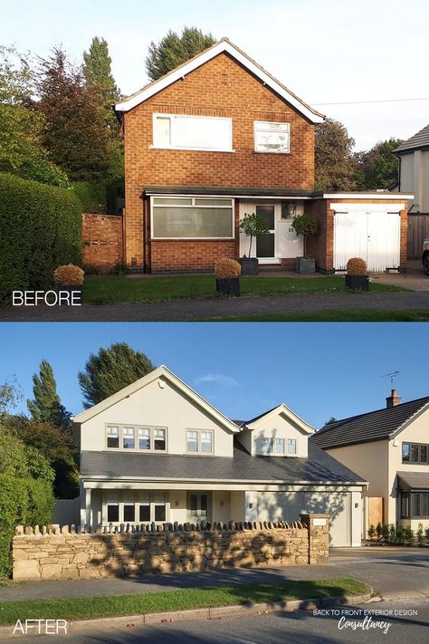 The exterior of this red brick house has been transformed with a rendered finish and natural slate roof, combined with a soft tonal colour scheme. New windows with an Edwardian feel complement perfectly the new statement front door. The porch has been extended over the garage which has also seen the addition of a double storey extension with gable window. Extension Over Garage Uk, Exterior House Remodel Uk, 1970s House Extension, Uk House Exterior Makeover, Double Storey Front Extension, Part Rendered Part Brick House, Coloured Windows Exterior, 1970 Exterior House Remodel, 70s House Makeover