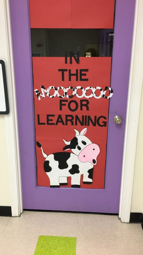 Classroom Layout Daycare, Preschool Farm Theme Classroom, Farm School Theme, Farm Preschool Theme Decorations, Cow Door Decorations Classroom, Farm Theme Door Decorations, Cow Classroom Door, Farm Library, Farm Classroom Door Ideas