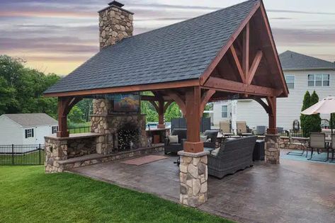 Project Gallery | Chester & Lancaster County PA | Keystone Custom Decks Screened In Pavilion, Enclosed Pavilion, Pavillion Backyard, Stone Porch, Lititz Pa, Outdoor Patio Ideas Backyards, Stone Porches, Pavilion Plans, Covered Patio Design