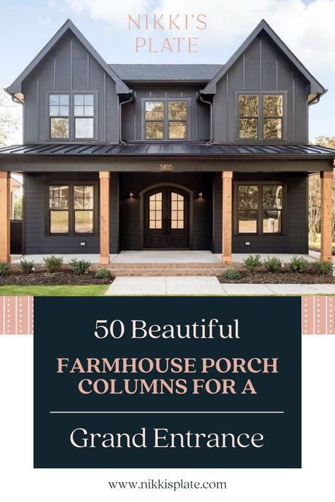 Posts In Front Of House, Charcoal Front Porch, Post Covers Porch, Wood Porch Pillars, Dark Columns On Front Porch, Exterior Posts Front Porches, Back Porch Columns, Farmhouse Posts Front Porches, Metal Columns Front Porch