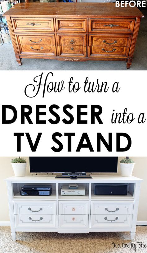 GREAT step-by-step tutorial on how to turn an old dresser into a TV stand!  Total cost: $83! Diy Tv Stand, Furniture Rehab, Old Dressers, Refurbished Furniture, Flipping Furniture, Redo Furniture, How To Turn, A Tv, Repurposed Furniture