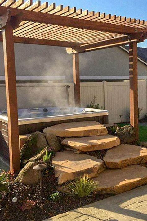 Hot Tub Pergola, Backyard Spa, Hot Tub Landscaping, Hot Tub Patio, Outdoor Hot Tub, Hot Tub Gazebo, Stone Steps, Hot Tub Backyard, Hot Tub Garden