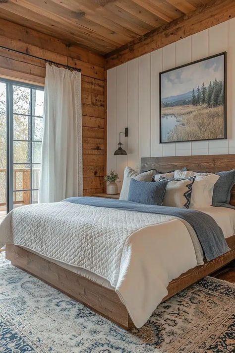 29 Small Cabin Interior Bedroom Ideas That Blend Comfort With Charm - Courtneys World Cabin Like Bedroom Ideas, Vertical Paneling Bedroom, Cabin Primary Bedroom, Small Mountain Cottage Interior, Modern Cabin Bedroom Ideas, Cabin Bedrooms Ideas, Cabin Master Bedrooms Cozy, Small Rustic Cabin Interiors, Cabin Loft Bedroom Ideas