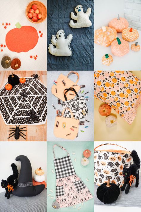 Fun Fabric Prints, Halloween Sewing Patterns, Halloween Treat Bags Diy, Halloween Sewing Projects, Diy Halloween Treats, Fall Sewing Projects, Halloween Apron, Halloween Sewing, Scary Decorations