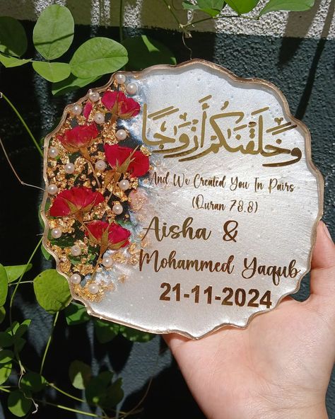 If there is a wedding in your friends or family and you are wondering what gift to give, you can give this gift." Dm to order💌 Customise as per your requirements! Follow: @artisticmehroz (resin wedding plaque,custom wedding gift,Islamic wedding decor,personalized resin art,Quran verse wedding gift,gold leaf resin art,elegant wedding keepsake,floral resin plaque,handmade wedding,luxury resin decor) #resin #artisticmehroz #resinwedding #resinplaque #wedding #giftideas #fypシ #smallbussiness ... Nikah Frame, Resin Plaque, Resin Wedding, Wedding Plaques, Resin Decor, Floral Resin, Business Inspiration Quotes, Islamic Wedding, Diamond Necklace Designs