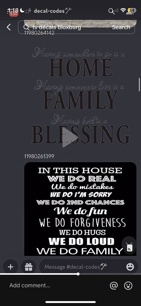 Bloxburg Family Quotes Codes, Family Quotes Decals Bloxburg, Live Laugh Love Bloxburg Decal, Living Room Decals Ideas, Bloxburg Family Decals Black, Bloxburg Black Family House Layout, Black Decals Bloxburg, Dresser Decals Bloxburg, Black Family Decals Bloxburg