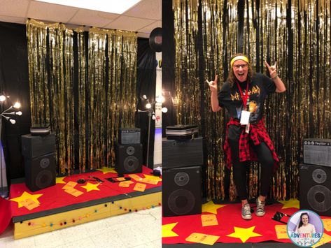 Last year on Rock Your School Day, I transformed my classroom into a rock and roll concert! This blog post tells you how to decorate, what content I taught, and ALL the other details! Rock Your School Day, Rock And Roll Classroom, Rock And Roll Theme Party, Rock And Roll Party Decorations, Rock And Roll Room, Rock And Roll Dance, Rock Your School, Rock Star Theme, Classroom Transformation Ideas