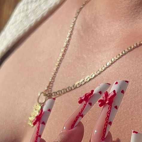 Nails With Ribbon Design, Ribbon Acrylic Nails, Red Lace Nails, Nail Ribbon, Nails With Ribbon Charm, Pink Ribbon Nails October, Vday Nails, Lace Nails, 3d Nail Art