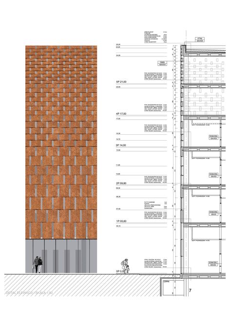 CINiBA library of University of Silesia by HS99, Katowice, Poland. The facades, clad in a repetitious fabric of rich kahan red sandstone, relate to the raw clay bricks on the neighbouring buildings without the connotation of scale inherent to a singular brick element Facade Pattern, Brick Cladding, Brick Detail, Modern Construction, Brick Architecture, Architectural Section, Green Architecture, Construction Drawings, Brick Facade