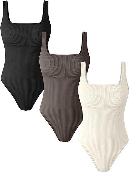 Women's 3 Piece Bodysuits Sexy Ribbed Square Neck Basic Stretch Tank Tops Bodysuits Square Neck, Shoes Jewelry, 3 Piece, Tank Tops, Square, Clothes