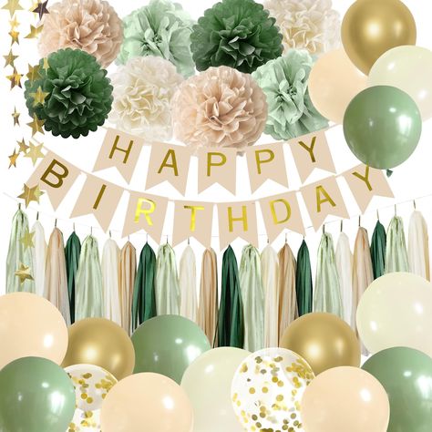 Birthday Decor No Balloons, Green And Gold Party Decorations, Green Birthday Party Decorations, Boho Birthday Decorations, Sage Green Birthday Party, Sage Green Birthday, Green Birthday Party, Birthday Decorations For Women, Modern Birthday Party