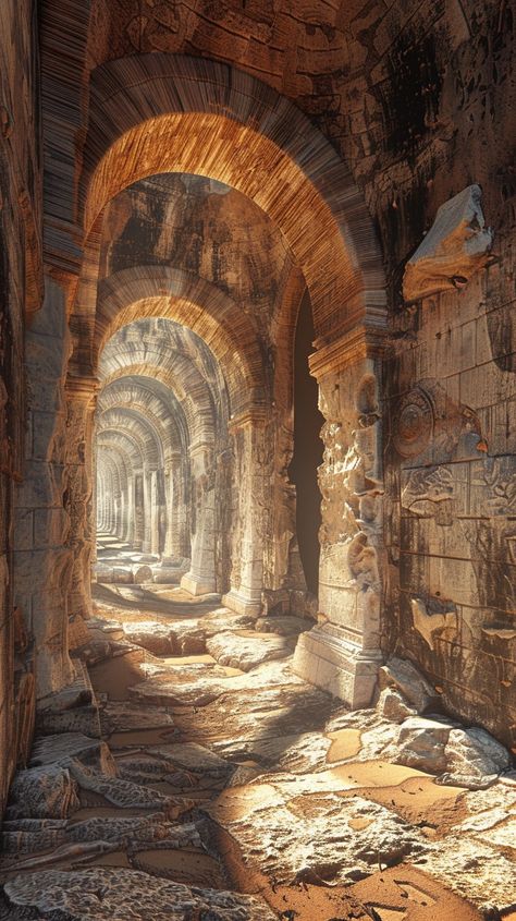 "Ancient Arched Ruins: The #dappled #sunlight #filters through #ancient archways, #casting #shadows over the #timeworn stones of a #forgotten era. #arches #ruins #aiart #aiphoto #stockcake ⬇️ Download and 📝 Prompt 👉 https://stockcake.com/i/ancient-arched-ruins_636339_1020306" Old Ruins, Ancient Ruins Aesthetic, Roman Ruins, Stone Ruins Aesthetic, Ancient Gateway, Old Ruins Architecture, Ancient Doorways, Overgrown Buildings Ruins, Medieval Aesthetic