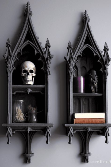 These statement pieces can showcase your favorite books, trinkets, and knick-knacks, making them the perfect way to add a touch of whimsy and intrigue. #Whimsigoth #HomeDecor #InteriorDesign Gothic Molding, Gothic Dresser Decor, Cottage Goth Decor, Gothic Shelf Decor, Gothic Shelving, Gothic Antique Decor, Gothic Storage Ideas, Creepy Bookshelf, Romantic Gothic Bathroom